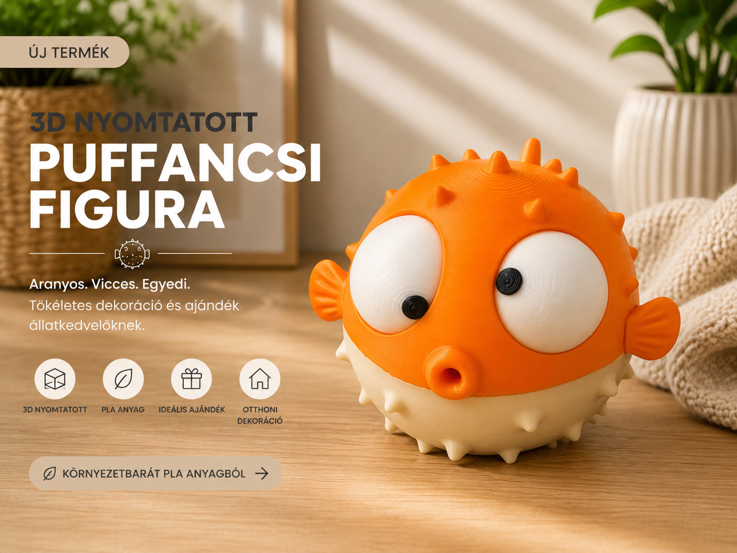3D nyomtatott dülledt szemű gömbhal figura