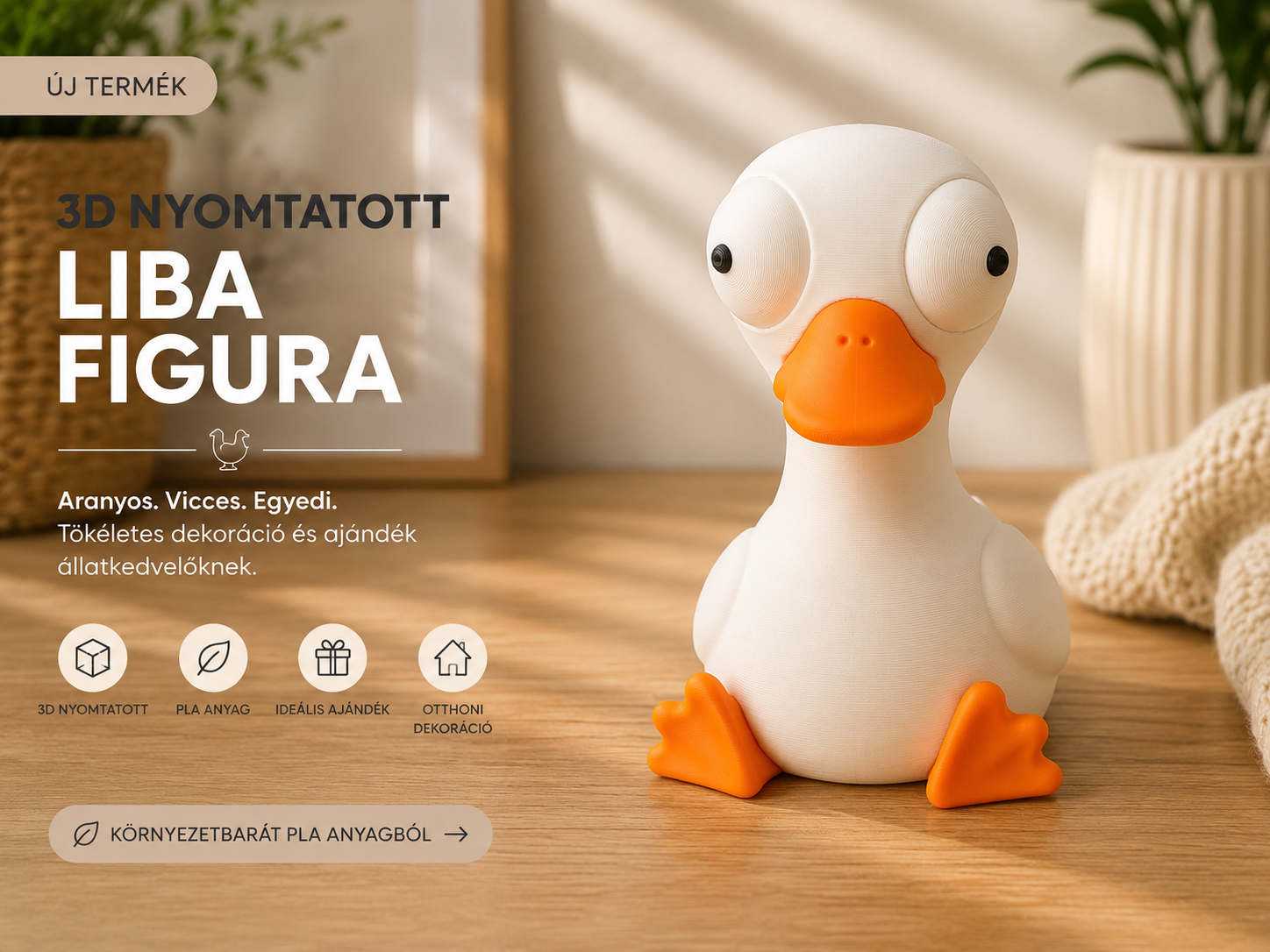 3D nyomtatott dülledt szemű kacsa figura