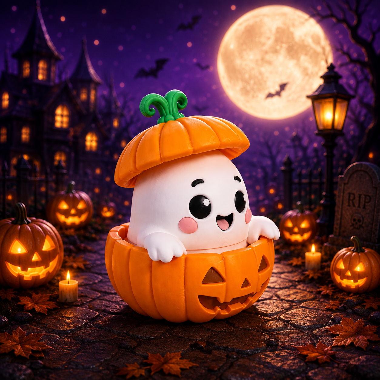 3D nyomtatott Halloween szellem figura, választható horgolt hatású vagy sima felülettel, színválasztékkal – Halloween szellem tökben, oldalnézet, profil