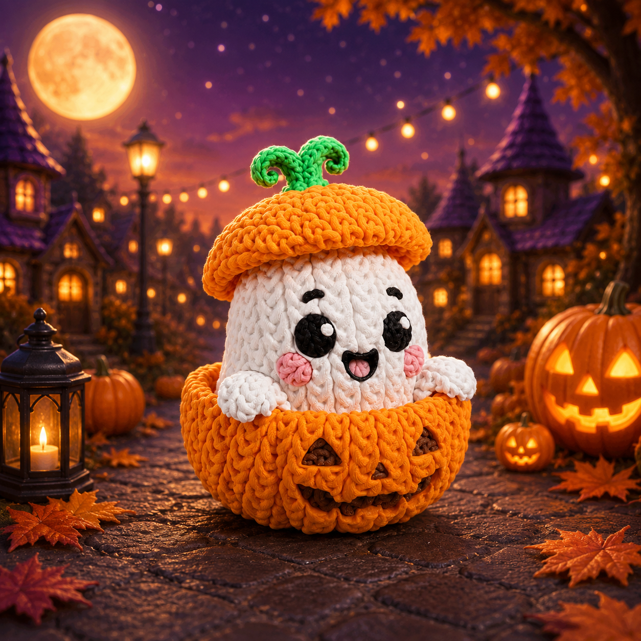 3D nyomtatott Halloween szellem figura, választható horgolt hatású vagy sima felülettel, színválasztékkal – Halloween szellem tökben, háromnegyedes nézet 2