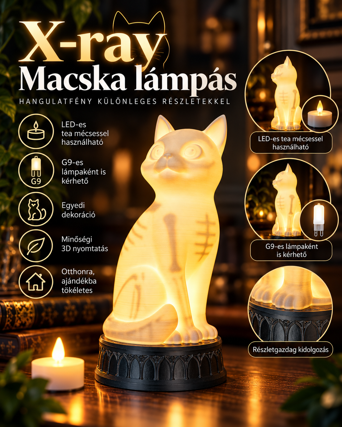 X-ray macska lámpás, Dekoratív, különleges, hangulatvilágítás – X-ray Macska lámpás, háromnegyedes nézet